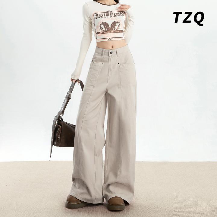 2025春季新款复古工装牛仔裤女高腰显瘦阔腿百搭直筒裤TZQ2521122