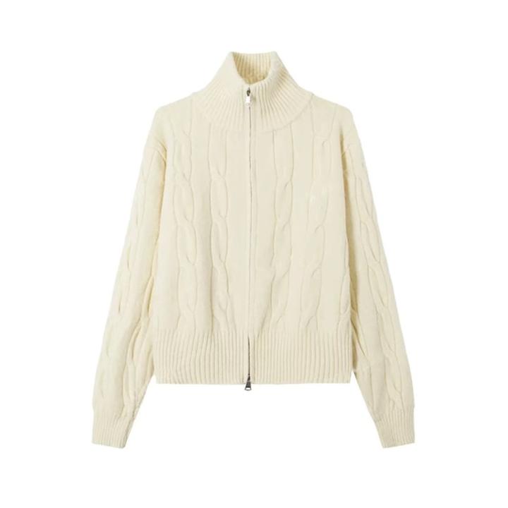 5079秋冬纯色高领开衫毛衣女针织短款麻花加厚外套