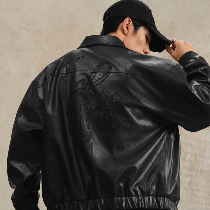 鹿家门秋冬新款PU机车皮夹克男大码宽松复古做旧重工绣花皮衣外套