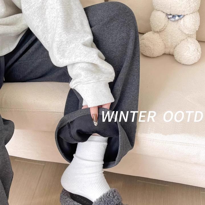 窄版糯米裤女2025年秋冬季加绒新款羊毛阔腿裤高腰宽松显瘦休闲裤