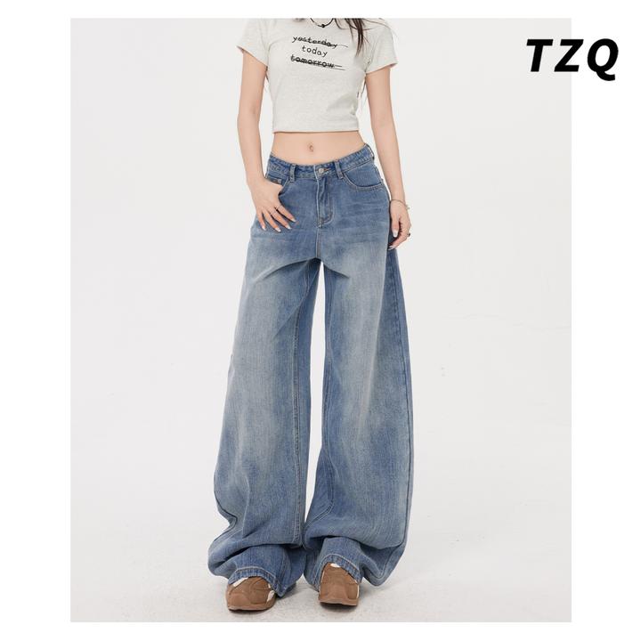 美式复古竹节纹理阔腿牛仔裤女款爆款2025新款高腰显瘦宽松拖地裤