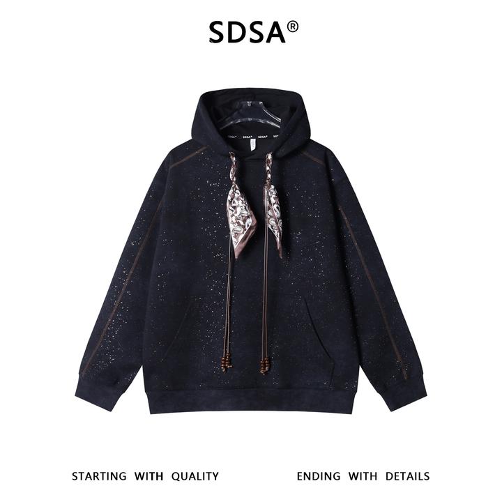 SDSA男士秋冬新款痞帅男装韩版满天星缝线丝巾抽绳连帽卫衣百搭