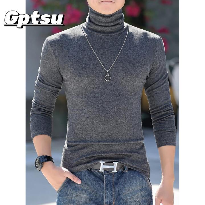 GPTSu秋冬新款男士高领打底衫加厚棉绒t恤修身长袖纯色大码秋衣潮