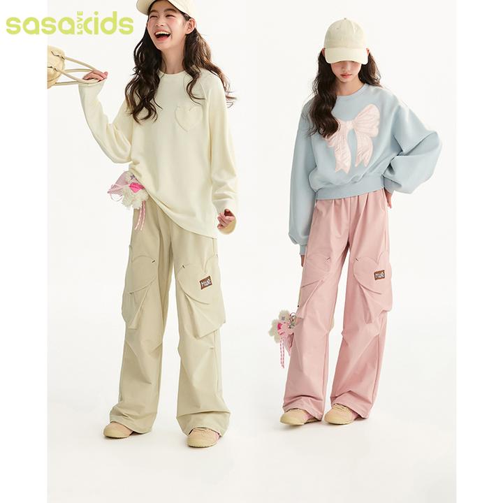 sasakids立体口袋粉白双色可选秋冬加厚户外百搭休闲工装裤女童