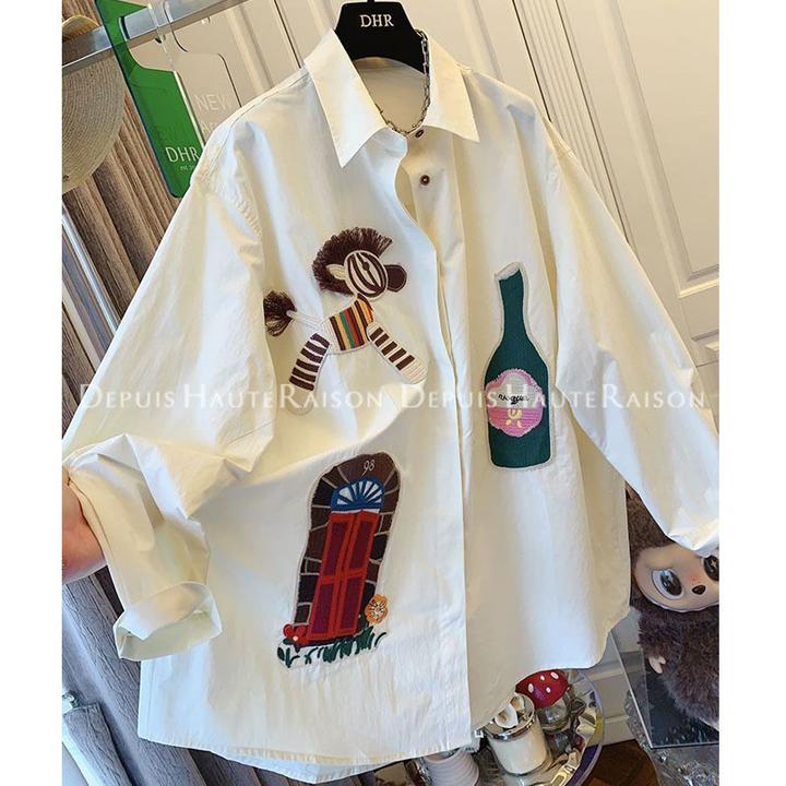 独特设计超好看设计感刺绣长袖衬衫宽松大码上衣女装2025秋季新款