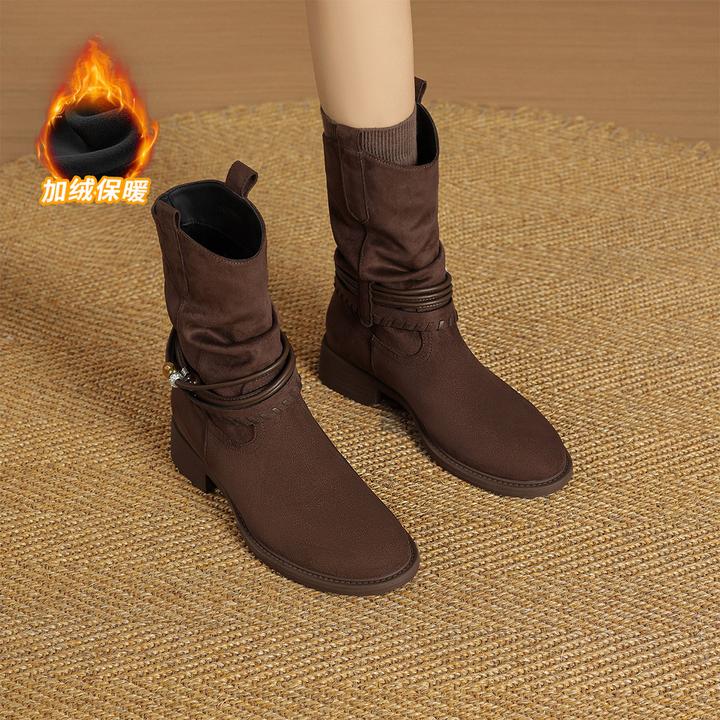 华耐显瘦时装靴短靴女2025秋冬新款加绒保暖褶皱堆堆靴西部牛仔靴