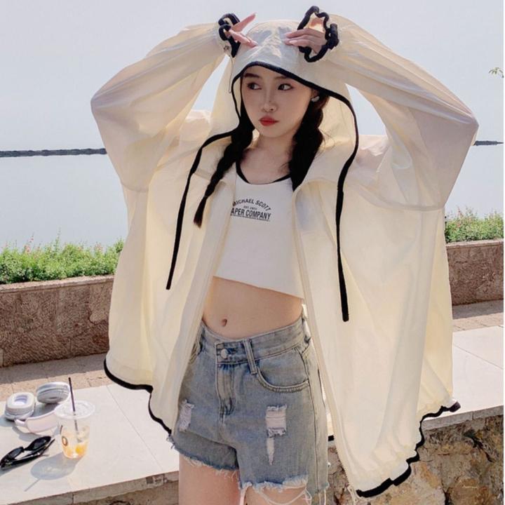防晒衣女夏季薄款宽松韩版连帽短款2024时尚长袖新款开衫外套透气