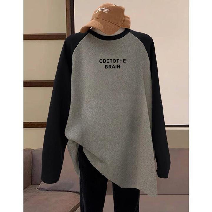 德绒磨毛保暖中长款遮屁股插肩拼接撞色长袖t恤女宽松打底衫秋冬