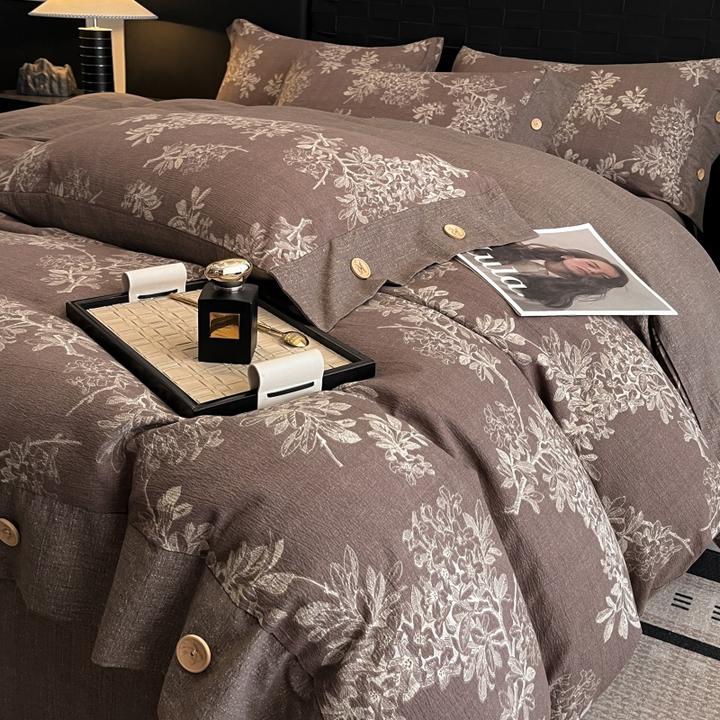 原麻皱皱纱床上四件套复古轻奢高级感纽扣被套被罩床单南通家床品