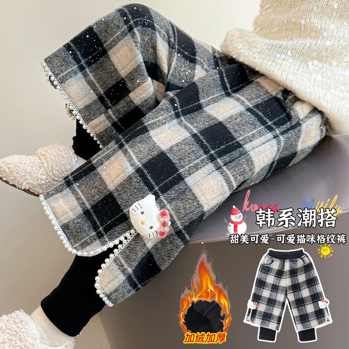 【格子猫咪假2件加绒裤】女小童冬季新款卡猫咪加绒加厚靴裤