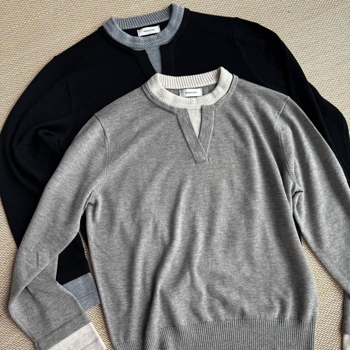 MUKHINA 漫花麦穗领假两件美丽奴羊毛混纺防扎身休闲毛衣长袖