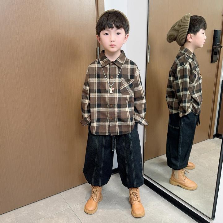 男童衬衫春秋季儿童洋气外套2025新款中小童磨毛格子春装衬衣潮酷