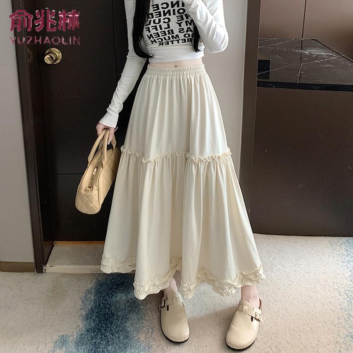 芭蕾风木耳边半身裙伞裙女春季新款高腰显瘦中长裙A字裙
