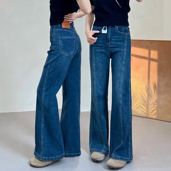 复古蓝微喇牛仔裤女微胖大码MM高腰显瘦梨型身材弹力喇叭马蹄裤子