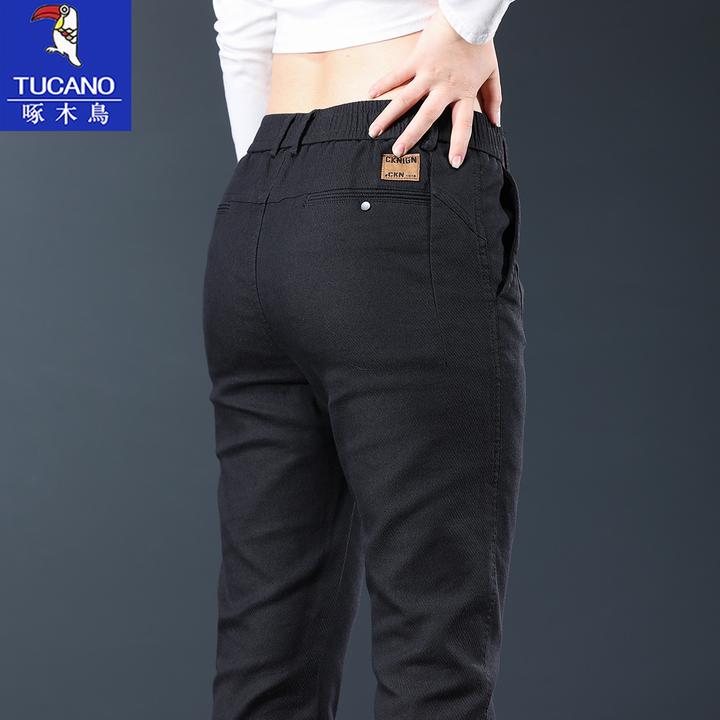 啄木鸟秋冬季新款休闲裤男士宽松直筒松紧腰弹力百搭黑色厚款长裤