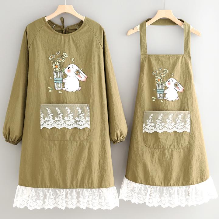 小清新卡通防泼水家用女长袖围裙防污耐脏定制印字餐饮上班工作服