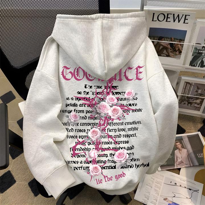 重磅复古花卉十字架连帽卫衣男秋冬百搭情侣青少年帅气外套