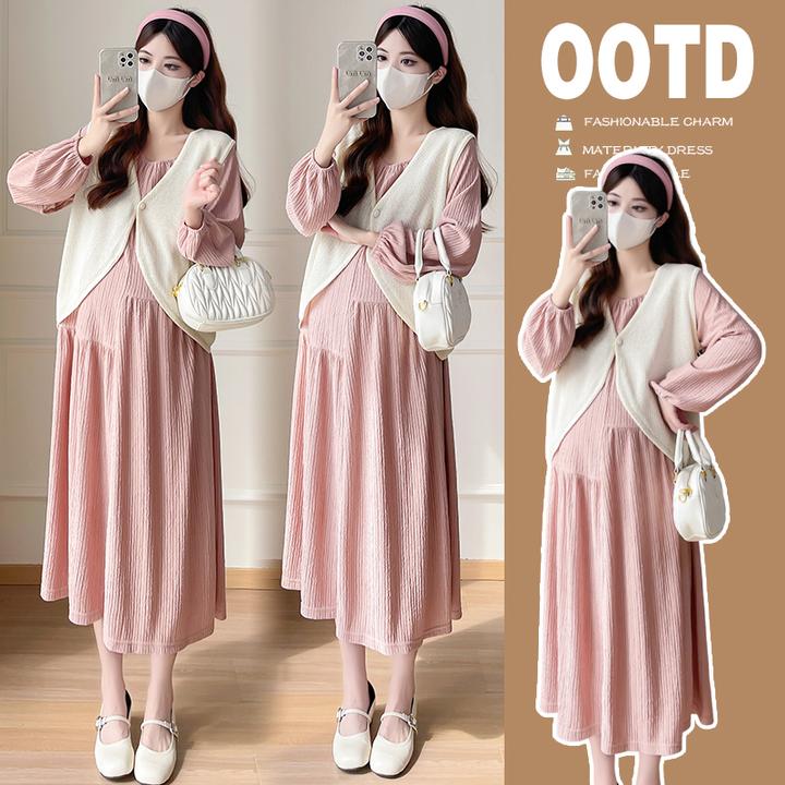 {糖糖}孕妇套装春季新款时尚韩系小香风镂空马甲减龄粉色连衣裙