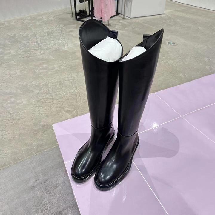 牛皮版~真皮斜口骑士靴女厚底高筒烟筒靴不过膝长靴圆头长筒皮靴