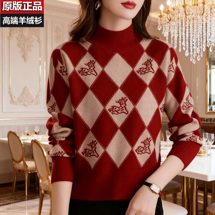 鄂尔多市纯100羊绒衫针织衫半高领秋冬大气短打底女宽松毛衣