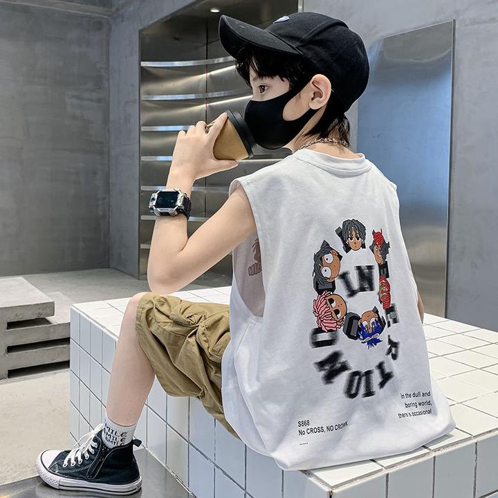 夏季男大童短背心外穿儿童纯棉动漫潮童圆领运动风格薄款无袖坎肩