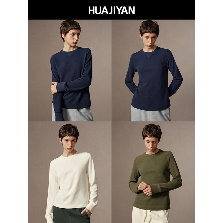 华吉言/HUAJIYAN【三角华夫】精梳棉混纺华夫格纹理休闲圆领卫衣