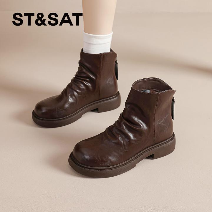 星期六棕色复古马丁靴2025秋冬季新款时尚百搭中筒靴休闲厚底女靴
