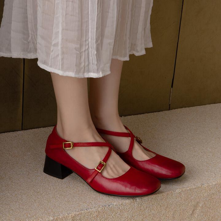 2025新款真皮单鞋交叉皮带扣法式复古方头浅口时尚玛丽珍鞋女
