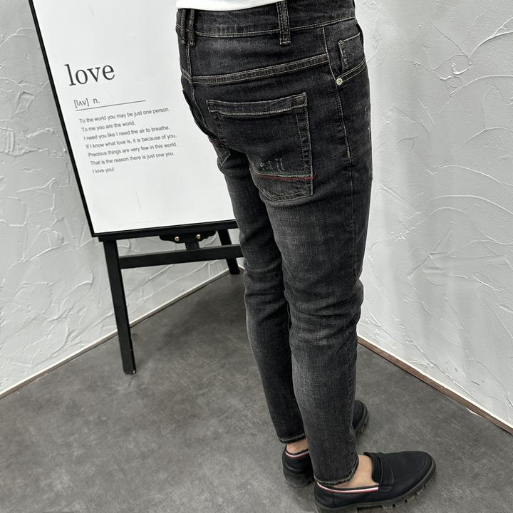 黑灰九分弹力牛仔裤男潮流时尚百搭秋季新款韩版修身小脚复古长裤
