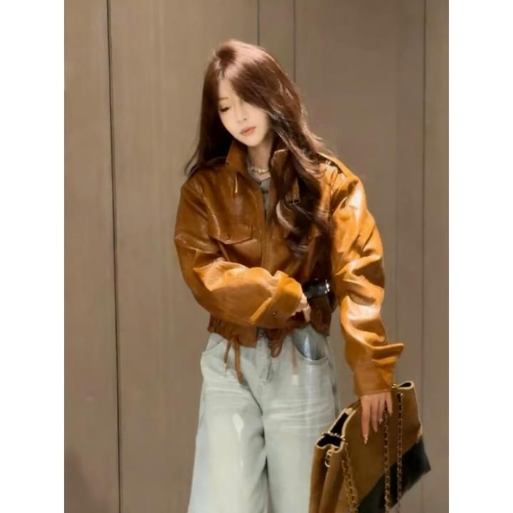 港风覆古立领PU皮衣短外套女春秋新款显瘦减龄百搭小个子夹克上衣