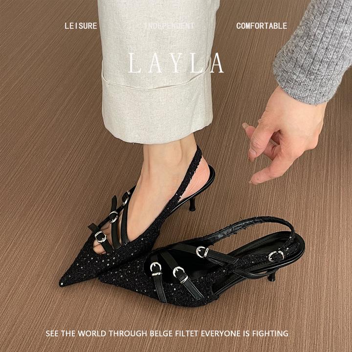 复古小众设计感包头凉鞋仙女鞋子2025春夏新款皮带扣后空尖头单鞋