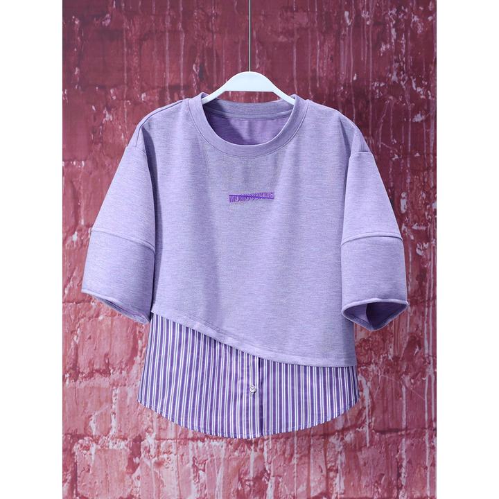 【韩哥女装】冰凉一夏  丁香紫轻薄衬衫拼接假两件T恤衫 7730A