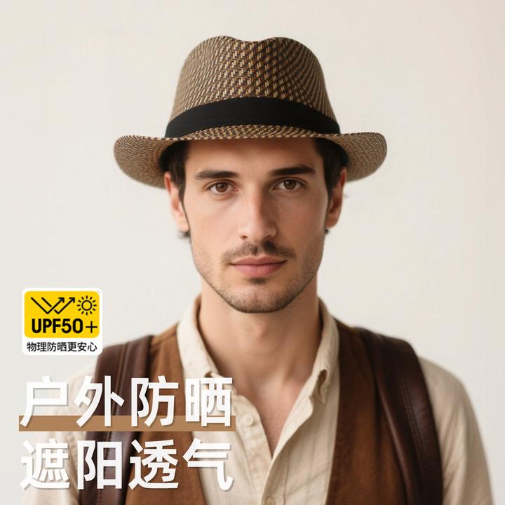2025新款草帽夏季遮阳帽户外休闲礼帽登山旅行沙滩帽透气英伦帽子