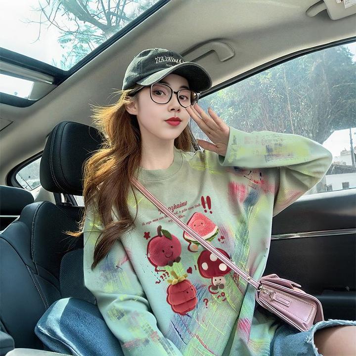 大码女装扎染设计感纯棉长袖圆领t恤女洋气减龄卡通显瘦上衣ins潮