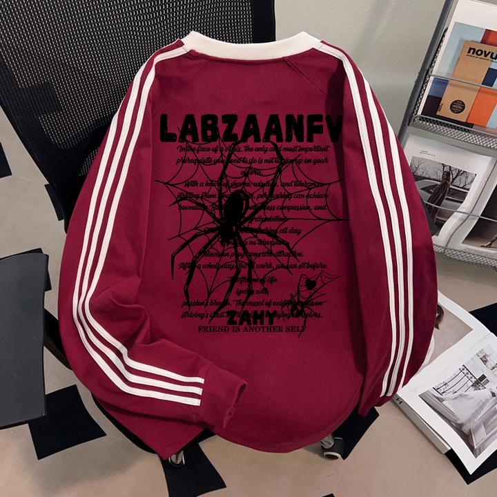 Dekkry美式创意蜘蛛字母印花秋冬酒红色纯棉长袖t恤男女休闲上衣