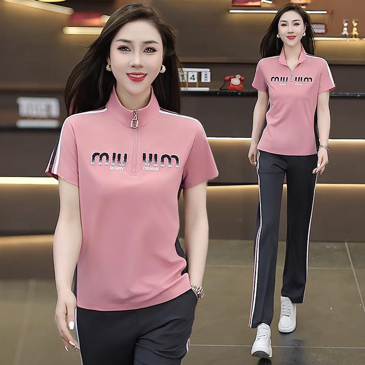 休闲运动套装女夏季新款时尚洋气减龄短袖长裤跑步服两件套潮