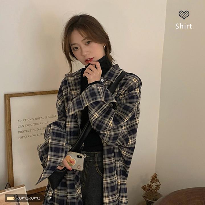 设计感长袖衬衣女秋季磨毛复古格子衬衫外套宽松休闲polo衫上衣潮