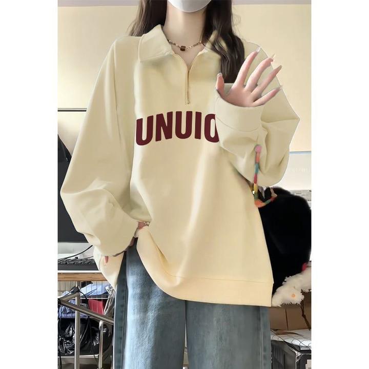 韩系慵懒风polo领卫衣女秋冬季设计感加绒加厚宽松半拉链外套上衣