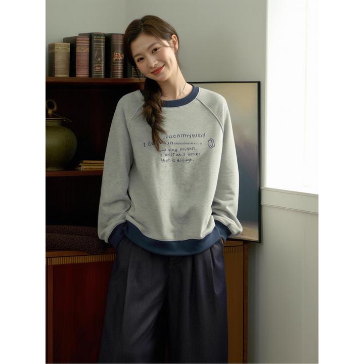 法芬图花灰色卫衣女秋季新款日系休闲百搭宽松长袖圆领印花上衣