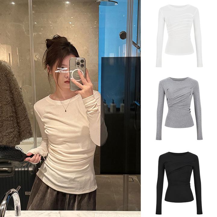 Moses Queen/魔西女王捏褶圆领纯欲基础百搭T恤女春季打底衫上衣