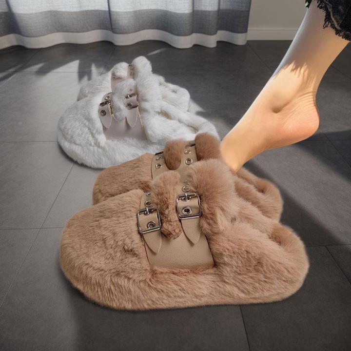 卡其色毛毛鞋女懒人一脚蹬网红百搭高级感皮扣半拖鞋秋冬外穿棉鞋