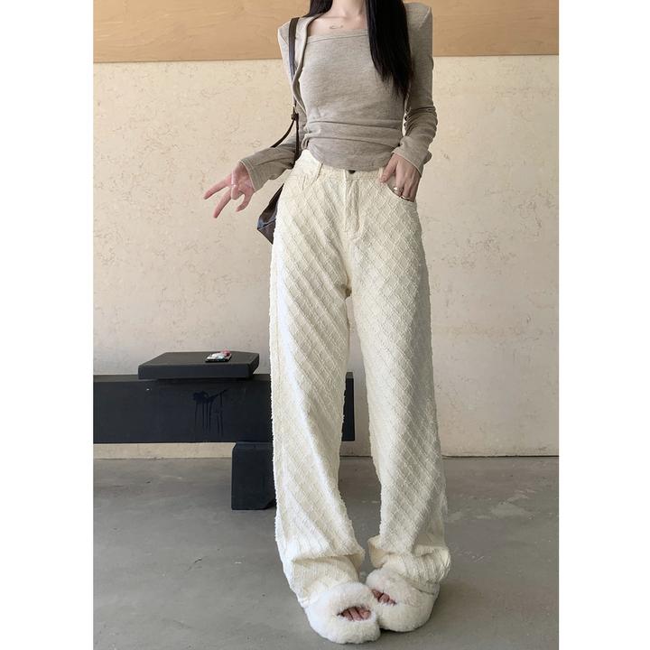 【现货24h+运费险】新款白色编织菱形格设计感直筒牛仔阔女腿拖地裤