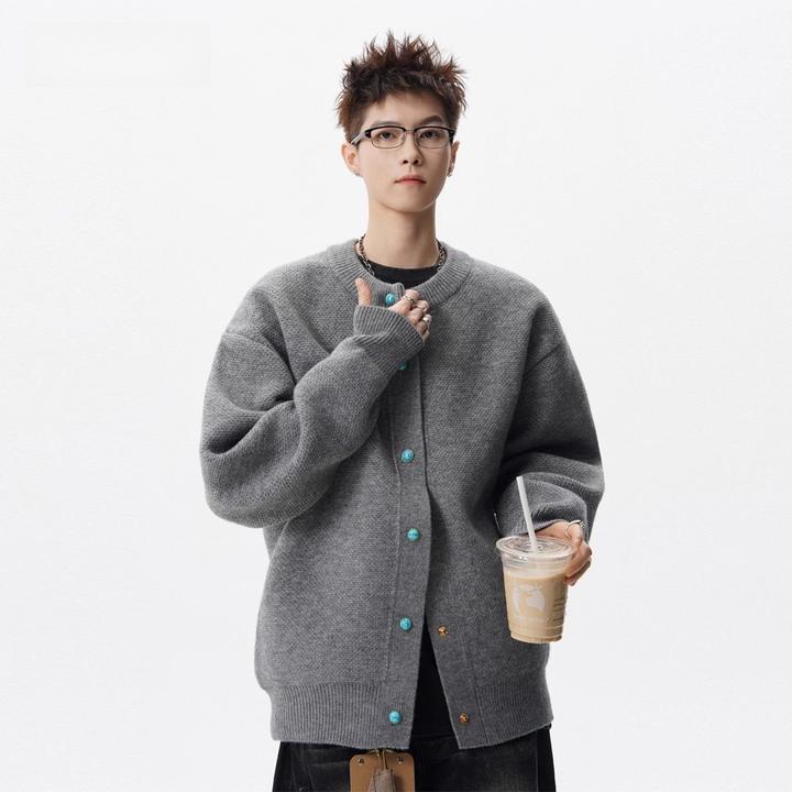 加大码300斤高街复古绿松石按扣外套男女装秋冬美式重磅开衫毛衣