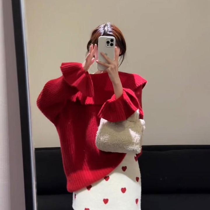 韩系圣诞氛围感穿搭套装女秋冬季荷叶边针织上衣高腰半身裙两件套