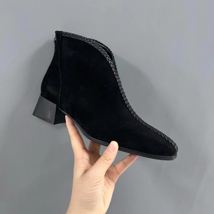 真皮羊皮方头磨砂编织后拉链短靴女秋冬新款黑色舒适V口粗跟踝靴