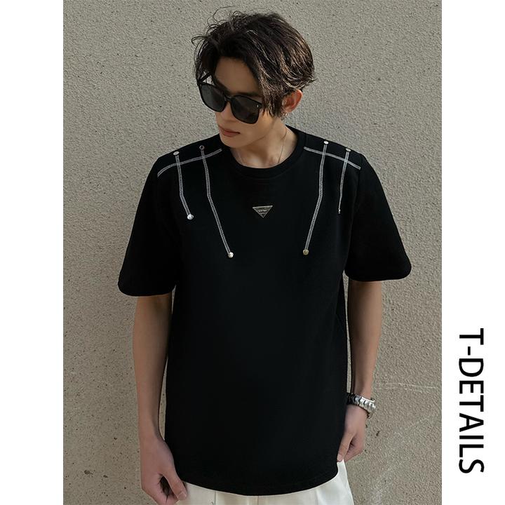 TDETAILS夏季垫肩短袖T恤男士百搭宽松重磅金属设计撞色休闲半袖