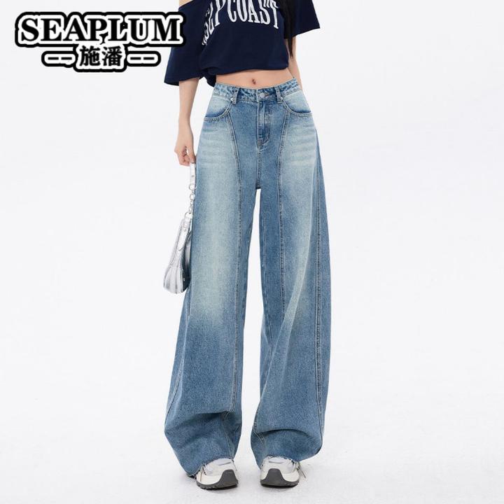 SEAPLUM美式高腰阔腿牛仔裤女春季2025新款复古宽松显瘦垂感拖地