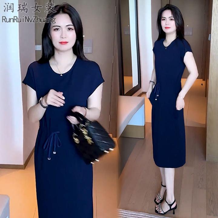 气质优雅短袖连衣裙女2025夏季新款纯色收腰显瘦妈妈装中长款裙子