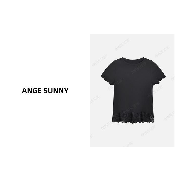 ANGE SUNNY【宋佳同款 蕾丝边针织T恤】下摆拼接圆领短袖上衣