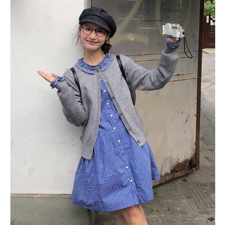 慵懒早初秋微胖穿搭套装慵懒学院连衣裙搭配灰色针织开衫两件套女